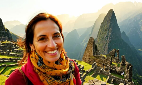 Lifestyle portrait video of a grinning woman in her 40s that is wearing a foulard at the Machu Picchu in Cusco Region Peru