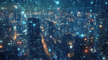 Fototapeta premium A Networked Cityscape at Night with Luminous Lines and Nodes