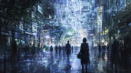A solitary figure walks through a futuristic cityscape