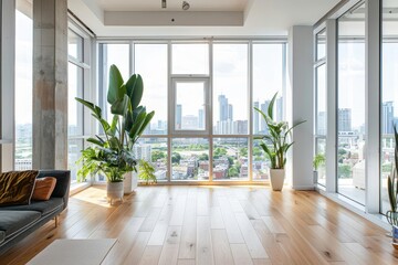 minimalist loft interior floortoceiling windows urban skyline view potted plants natural light white walls biophilic design elements