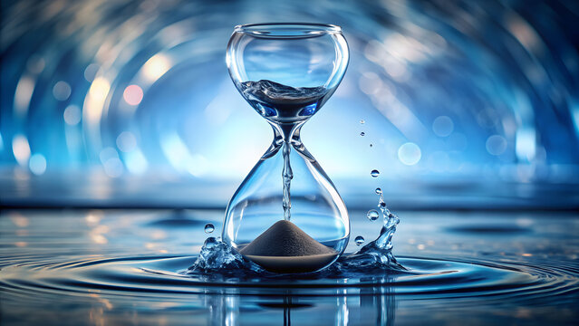 An hourglass filled with water instead of sand, with the water slowly dripping from the top chamber to the bottom, representing time running out for water conservation.