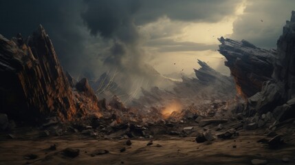 Fantasy landscape with mountains, moon and stars