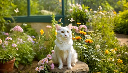 A captivating image of a pristine white cat surrounded by a vibrant array of flowers, with playful butterflies dancing in the background, creating a magical and enchanting scene.