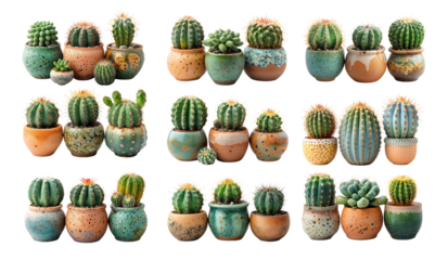 Assorted Small Cacti and Succulents in Decorative Pots for Home or Office Decor on White Background transparent PNG