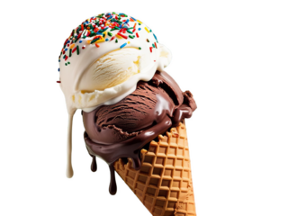 Double Scoop Ice Cream Cone with Sprinkles Isolated on White or Transparent PNG: Colorful Summer Dessert