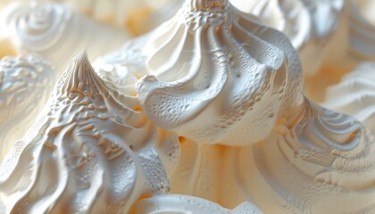 Close-Up of Whipped Cream Texture Showing Soft Peaks and Creamy Swirls, Detailed and Tempting, Delicious Dessert
