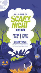 Template. Story social media. Invitation to a Halloween party. Dark blue and green color.