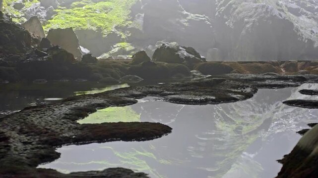 Close shot of a small pool of water in the Hang Son Doong cave, Vietnam. Prores 4K Video