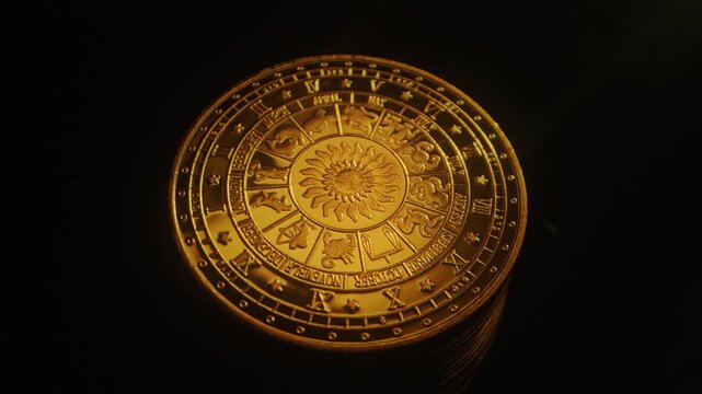 Astrological houses wheel Gold plate rotate in black background the twelve zodiac signs, planets, areas of life, Symbols and house Numbers on a wheel chart