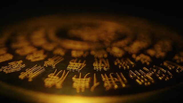 macro close up of Chinese ideogram characters on gold plate rotate on black dark background