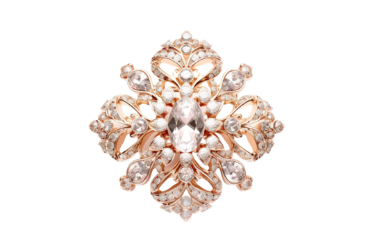 A Rose Gold And Diamond Brooch Glistens In The Light on a White or Clear Surface PNG Transparent Background.