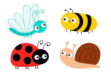 Dragonfly, Ladybug, Bee bumblebee, snail cochlea, lady bug ladybird flying insect icon set. Cute cartoon kawaii funny baby character. Happy Valentines Day. Flat design. White background. Vector