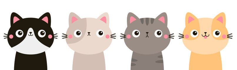Cat set line banner. Round face head icon set. Different breeds, colors and patterns, emotions. Cute kitten, kitty. Cartoon kawaii funny character. Sticker print. Flat design. White background. Vector