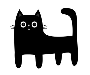 Standing cat. Black kitten face head with big eyes. Cute cartoon kawaii funny baby pet character. Greeting card Tshirt Sticker print. Banner template. Flat design. White background Vector illustration