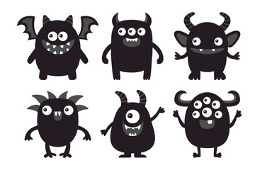 Happy Halloween. Cute monster set. Kawaii cartoon funny baby character icon. Black silhouette. Horns, wings, fang teeth, eyes. Sticker print. Childish style. Flat design. White background. Vector