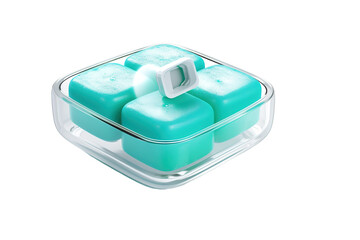 Aqua-Tinted Ice Cubes Frozen In Clear Tray on a White or Clear Surface PNG Transparent Background.