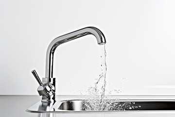Chrome kitchen faucet with flowing water over stainless steel sink, set against clean white background, perfect for modern home design
