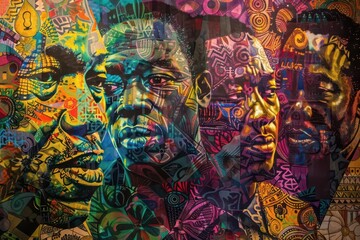 powerful mural depicting influential black leaders throughout history their faces emerging from a vibrant abstract background of african patterns and symbols