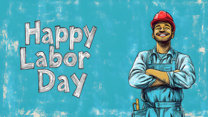 The concept of celebrating Labor Day. On a blue background, a smiling male construction worker in a red helmet, next to a congratulatory inscription. Illustration. The concept of  labor in America.