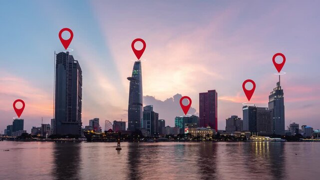 Saigon day to night time lapse with touristic hotspot icons. 3D render graphic animations of GPS locations