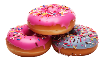 A Trio of Sweet Delights: Pink, Blue, and Sprinkled Donuts on a White or Clear Surface PNG Transparent Background.