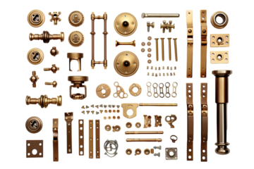 A Gleaming Collection of Brass Hardware Components for Construction and Restoration on a White or Clear Surface PNG Transparent Background.
