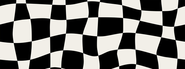 Pattern psychedelic checkerboard. Groovy retro wavy checkered texture. Psychedelic modern playful black and white background. Retro graphic y2k design. Twisted and distorted trendy vector illustration