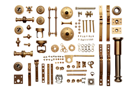 A Gleaming Collection of Brass Hardware Components for Construction and Restoration on a White or Clear Surface PNG Transparent Background.
