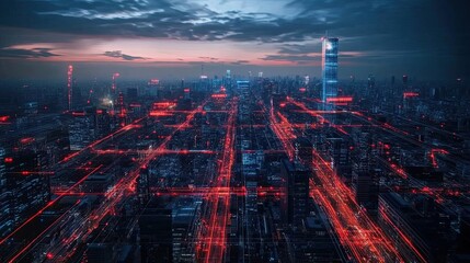 Fototapeta premium Futuristic Cityscape with Red Light Trails and a Tall Skyscraper