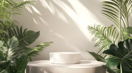 Round white stone pedestal Minimalist Light-colored background