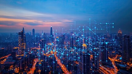 A Nighttime Aerial View of a Modern Cityscape with Illuminated Buildings and a Network of Blue Lines.