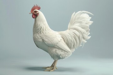 regal white chicken posed against pure backdrop iridescent feathers and proud stance highlighted hyperrealistic details enhanced by ai generation