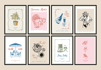 Minimal hand drawn vector dolce vita illustration set with aesthetic quote in a poster frame. Matisse style doodles.	