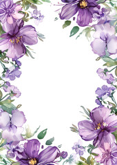 Fototapeta premium watercolor of small floral frame border, big copy space at center, purple theme,invite card style, no text