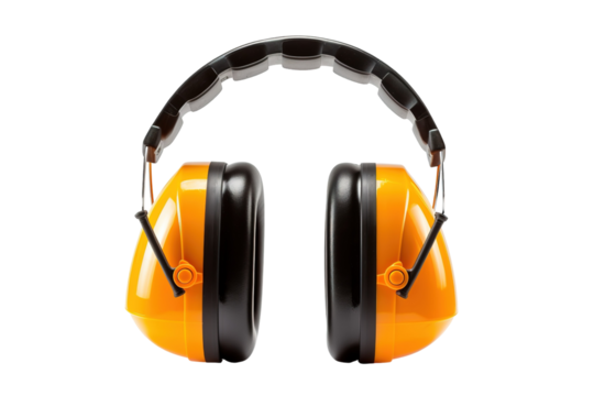Orange And Black Noise-Canceling Ear Muffs For Protection Against Loud Sounds on a White or Clear Surface PNG Transparent Background.