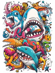 Obraz premium Doodle Art Illustration for Merchandise Clothing, Fashion Textile, Sport Apparel and Clothes Design Printing, Street Art Graffiti Pattern, Colorful Streetwear Design Bundle.
