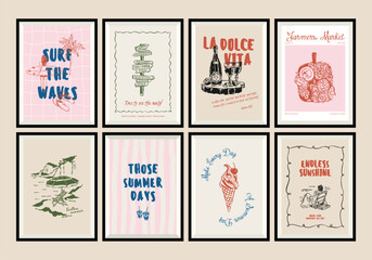 Minimal hand drawn vector dolce vita illustration set with aesthetic quote in a poster frame. Matisse style doodles.	
