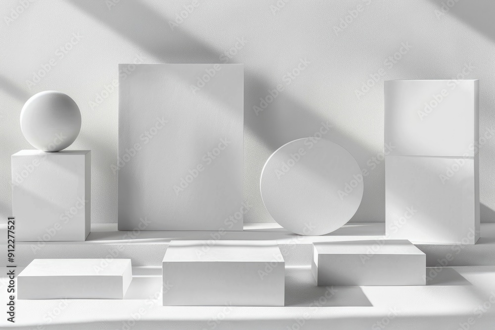 Poster a simple white room with several white boxes and a sphere