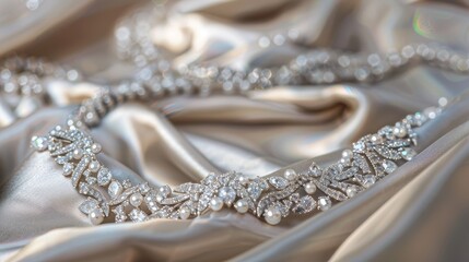 Gleaming jewelry pieces are arranged gracefully on luxurious silk, showcasing intricate designs and sparkling embellishments