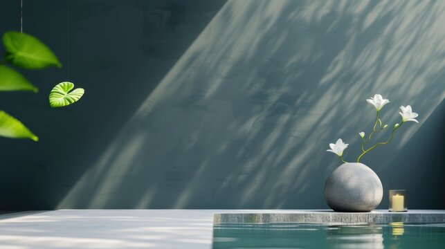 A minimalist black spa interior featuring clean lines and uncluttered space, with ample copy space for customization. The serene ambiance is ideal for promoting spa treatments and relaxation.