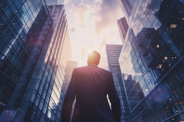 A businessman walking down the street in a busy city, possibly on his way to work or meeting