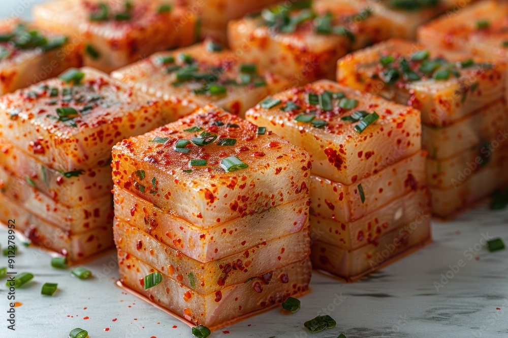 Poster Radish kimchi arranged on white background