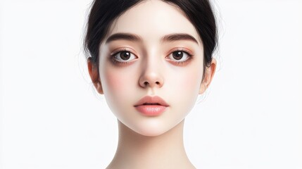 Obraz premium A close-up portrait of a young woman with elegant features against a white background, showcasing natural beauty and soft expression.