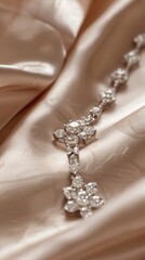 A beautifully crafted silver bracelet adorned with sparkling diamonds rests on luxurious satin