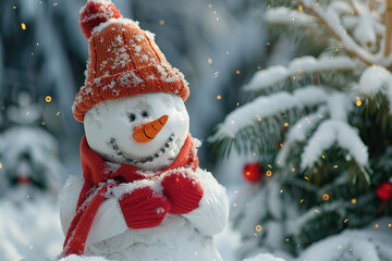 Christmas greeting card with bright winter holiday snowman and New Year background