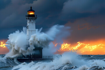 Generative ai on theme of large retro lighthouse with beam of bright light shining out to blue sea © Olegarx525