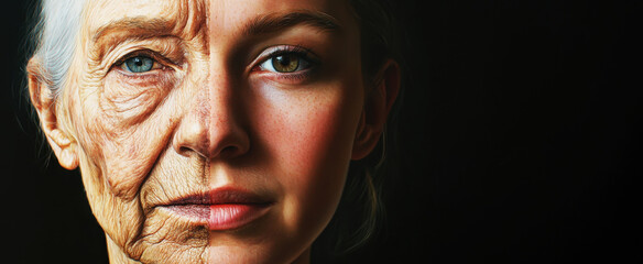 Woman old vs young face. Getting older and passage of time concept with copy space