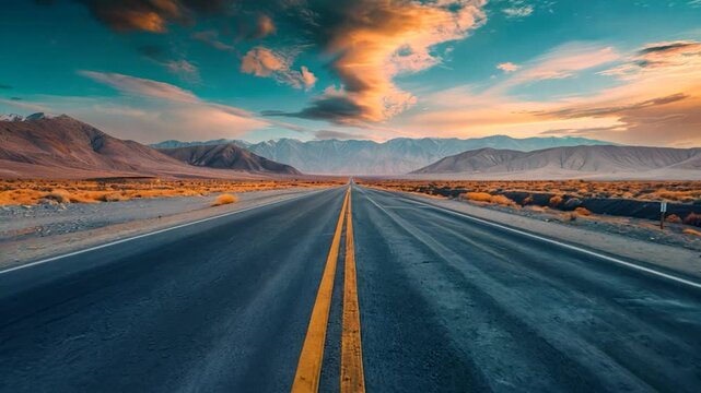 Scenic road through a desert landscape, dramatic sky, empty highway