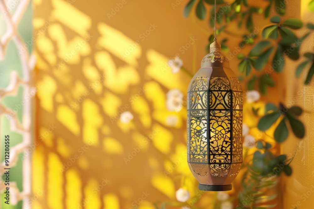Poster a decorative lantern hanging from a tree branch in front of a bright yellow wall