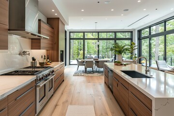 Fototapeta premium A large kitchen with a long counter and a sink